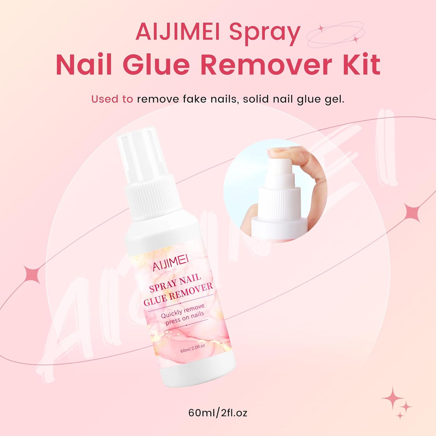 AIJIMEI Press on Nail Remover Kit Spray Nail Glue Remover with Crystal Rod NailPolish Remover Pads NailGlue Remover for Press On Nails for Easy Removal Debonder (60ml/2fl.oz)