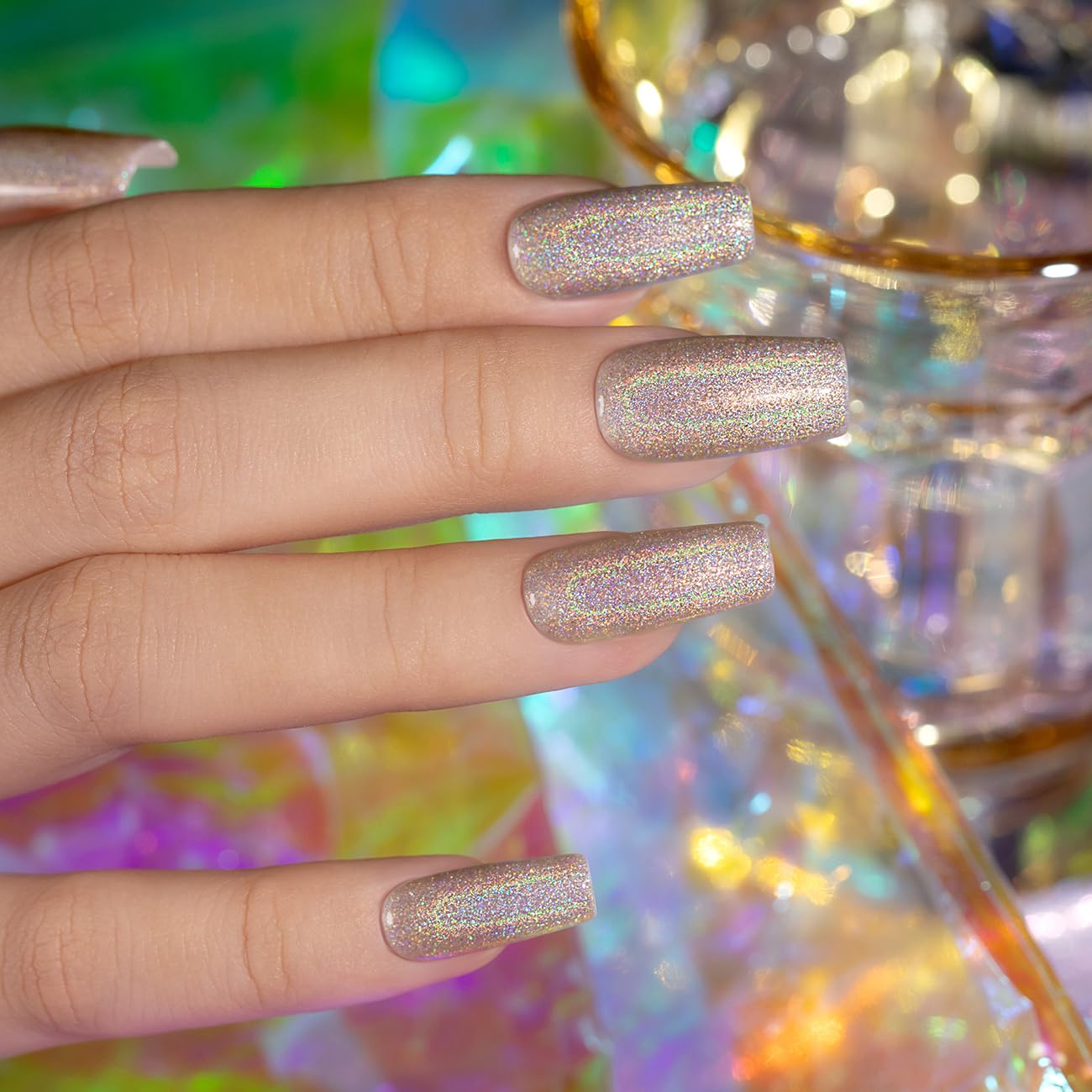 RARJSM Holographic Gel Nail Polish Champagne Gold Reflective Iridescent Rainbow Glitter Gel Polish Curing Required Unicorn Mirror Chrome Laser Effect Soak off for DIY Salon Home Manicure 7.5ML