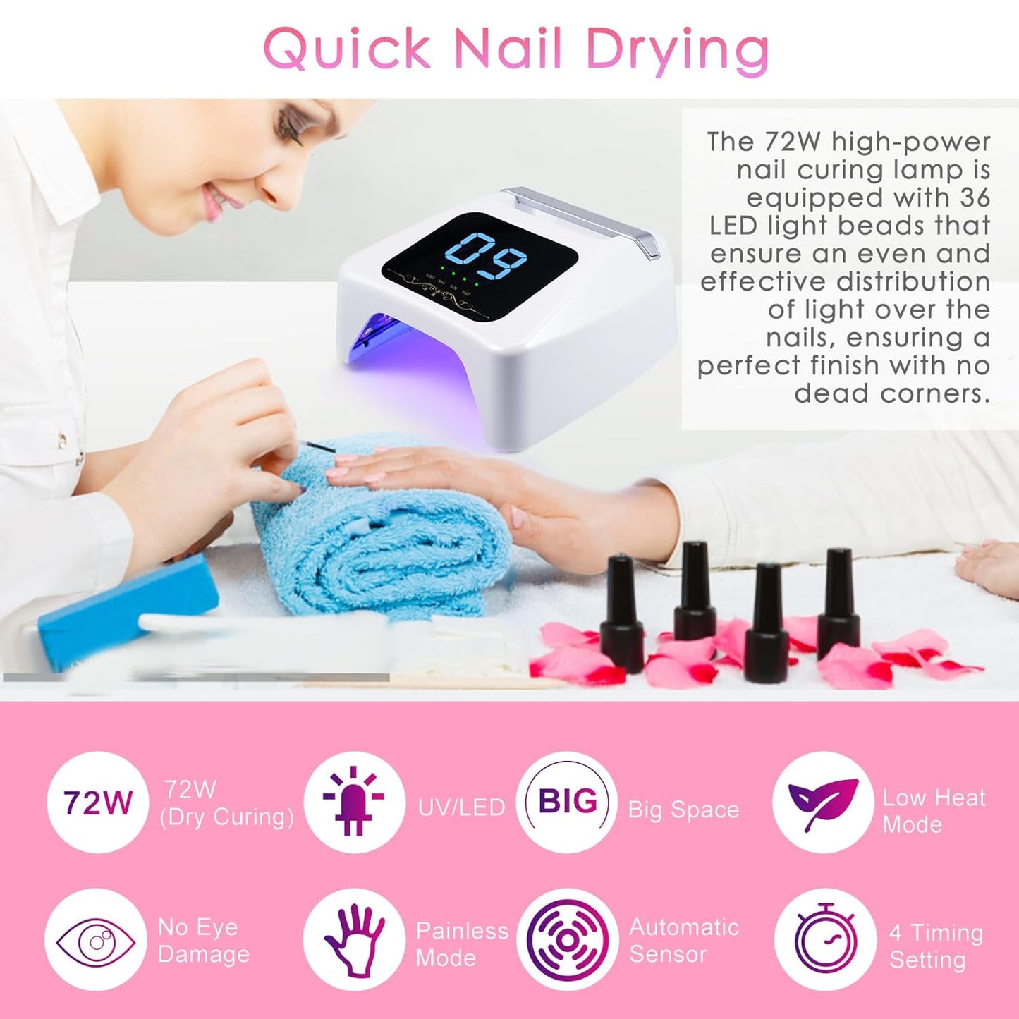 72W UV LED Nail Lamp Quick Drying Gel Nail Dryer with 4 Timer Settings Smart IR Sensor Nail UV Light for Gel Polish Gel Curing Lamp for Toes Nails Compatible with All Gel Type