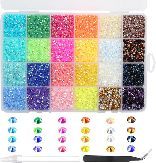 12000Pcs Nail Art Rhinestones, BetterJonny 24 Colors 4mm Round Nail Flatback Rainbow Gems Set with Tweezers and Pencil AB Glitter Flat-Bottomed Rhinestone for Crafts Decoration and Jewelry Making