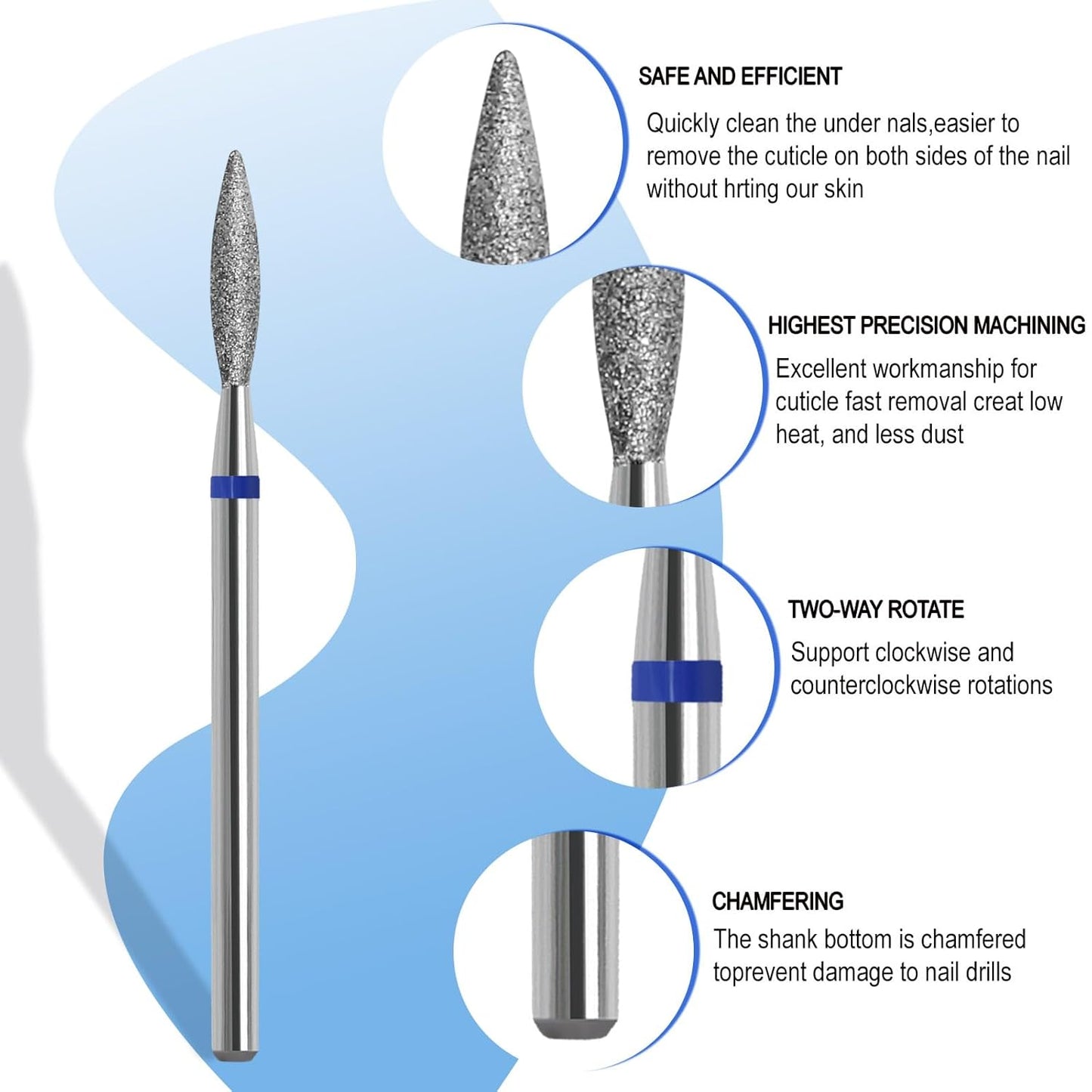 Cuticle Clean Nail Drill Bit, 3/32" Russian Diamond Nail File bits, Safety Carbide Under Nail Cleaner for Cuticle Dead Skin Nail Prepare, Nail Salon Manicure, Flame Shape (Medium)