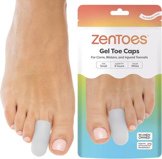 ZenToes 6 Pack Gel Toe Cap and Protector - Cushions and Protects to Provide Relief from Missing or Ingrown Toenails, Corns, Blisters, Hammer Toes (Small, White)