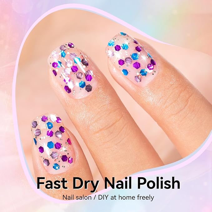Sparkle Nail Polish, Purple Blue Rose Gold Glitter Nail Polish with Hexagon Glitter, Air Dry No Need U/V Lamp, Iridescent Geometric Sparkle Nail Art DIY Home Travel Manicure Gift