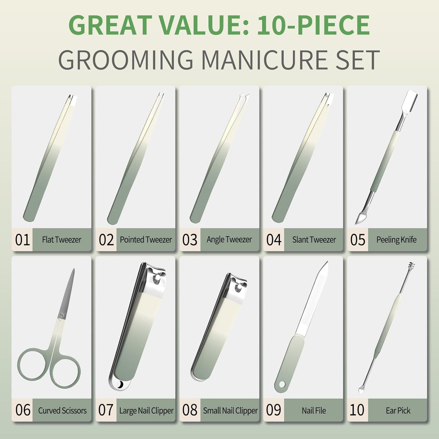 Manicure Set 10 in 1 Stainless Steel Nail Clippers Scissors Tweezers Grooming Kit with Travel Case (Green)