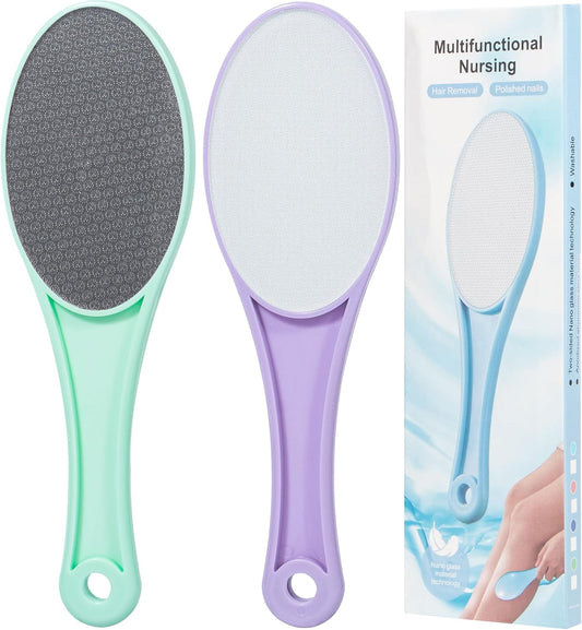 Nano Glass Foot File Callus Remover, 2 Pack Hard and Dead Skin Remover for Feet, Double Sided Foot Scrubber Pedicure Tool, Hair Eraser for Softer and Smoother Feet Hands, Green & Purple