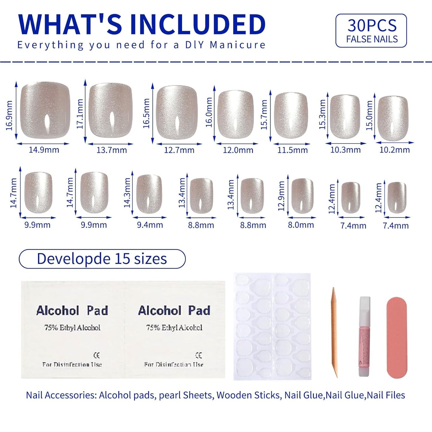 Nude Press On Nails Square, Cat Eye Press On Nails Short Fake Nails with Color-Shifting Glow, Reusable Stick On Nails, 15 Sizes - 30 Nail Kit with Glue, Natural Glue On Nail for Women, Silken Glow