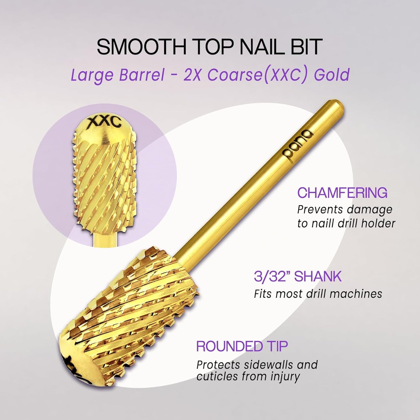 PANA 3/32" Large Smooth Round Top Safety Carbide Nail Drill Bit for Gel Polish & Acrylic Removal Nail Salon Manicure Pedicure Electric File Tools (Large Barrel - Gold, 2X Coarse)