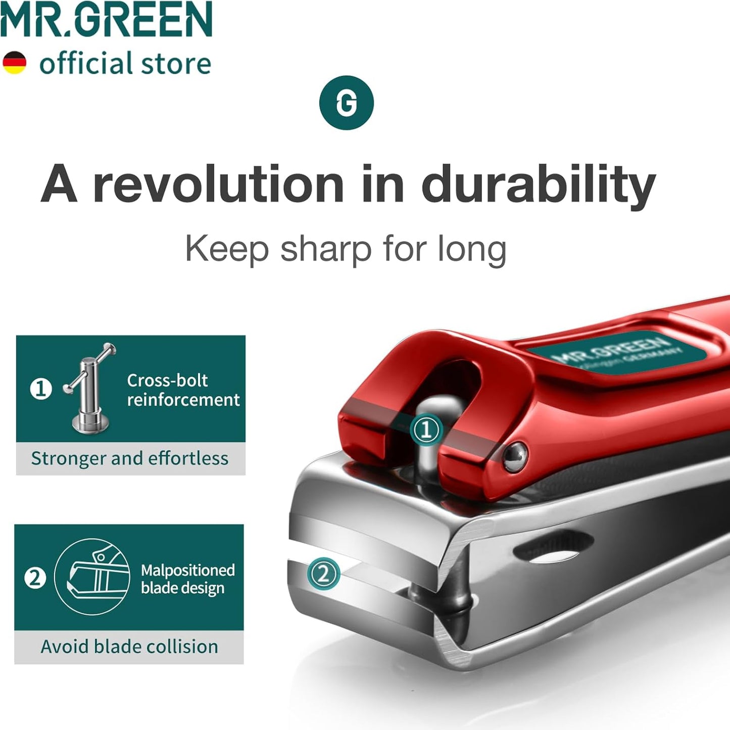 MR.GREEN Nail Clippers Curved Blades Fingernail Cutter Nippers Manicure Scissors Stainless Steel Pedicure Tools with Nail Flies (Medium-Red+Glass File)