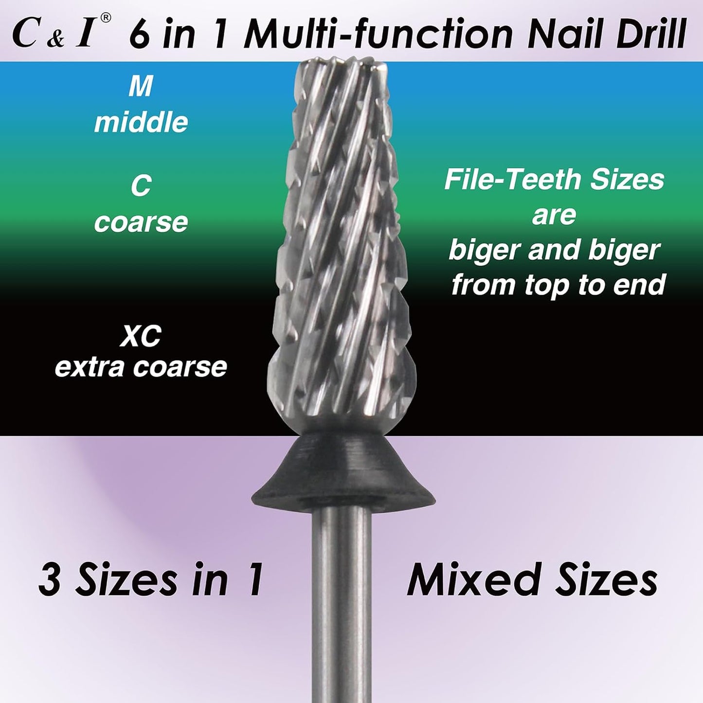 C & I Nail Drill Bit 6 in 1 Multi-Function Rounded End E File, Tungsten Steel CNC Overall Cutting, Manicure Tool for Nail Tech Quick Remove Nail Gels, Acrylic Nails (Original, Extra Coarse -XC)