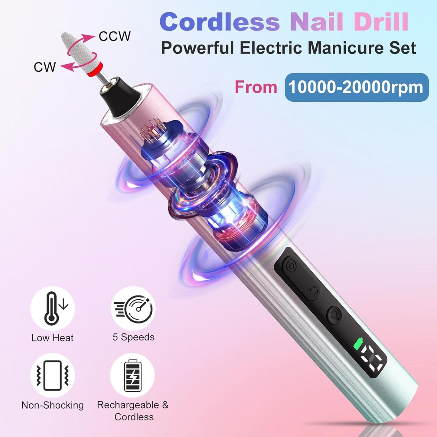 Cordless Electric Nail Drill with UV Light Lamp, 14 in 1 Electric Nail File Drill, 5 Speed LCD Display Rechargeable Professional Manicure Pedicure Kit(Gold) (Pink Blue)