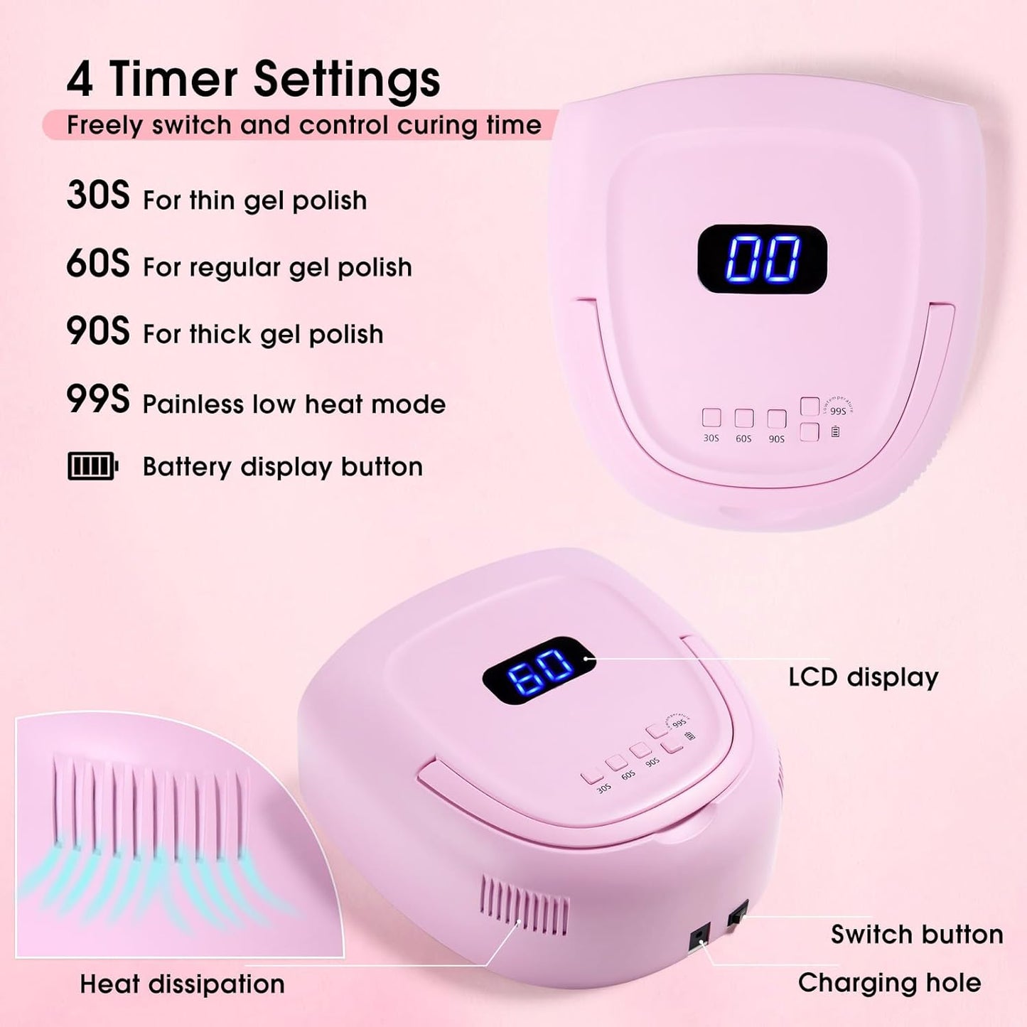 60W Rechargeable LED Nail Lamp, Cordless Gel Lamp with Portable Handle & 42pcs Lamp Beads, Automatic Sensor UV LED Nail Dryer, 4 Timers Professional UV Light for Gel Nails