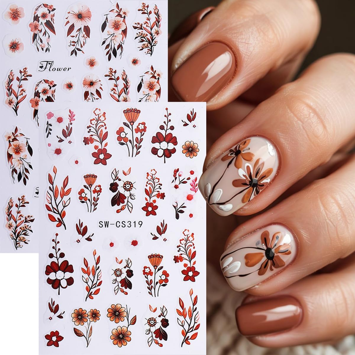 Fall Flower Nail Art Stickers Decals 3D Self-Adhesive Flower Nail Decals Nail Art Supplies 6PCS Brown Flowers Leaf Fall Winter Nails Design Manicure Sliders Accessories for Women DIY Nail Decorations