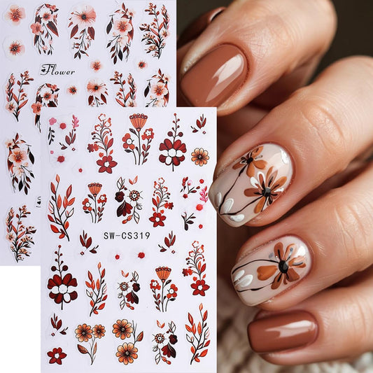 Fall Flower Nail Art Stickers Decals 3D Self-Adhesive Flower Nail Decals Nail Art Supplies 6PCS Brown Flowers Leaf Fall Winter Nails Design Manicure Sliders Accessories for Women DIY Nail Decorations