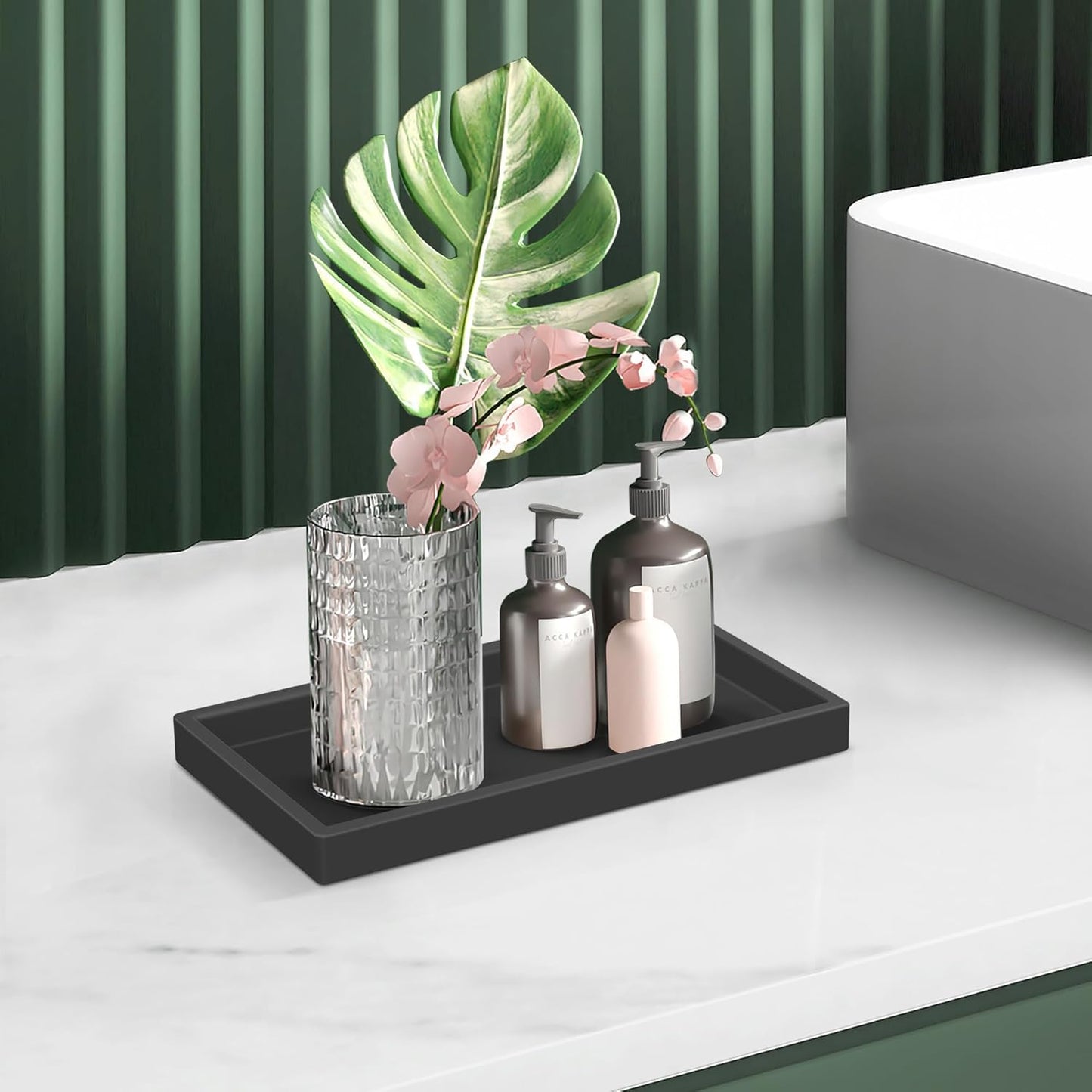 Silicone Bathroom Tray,Shatterproof Small Black Bathroom Tray,High-Grade Silicone Durable Vanity Trays for Bathroom Soap Dispenser Tray Toilet Tank Tray-7.8 * 3.9 in