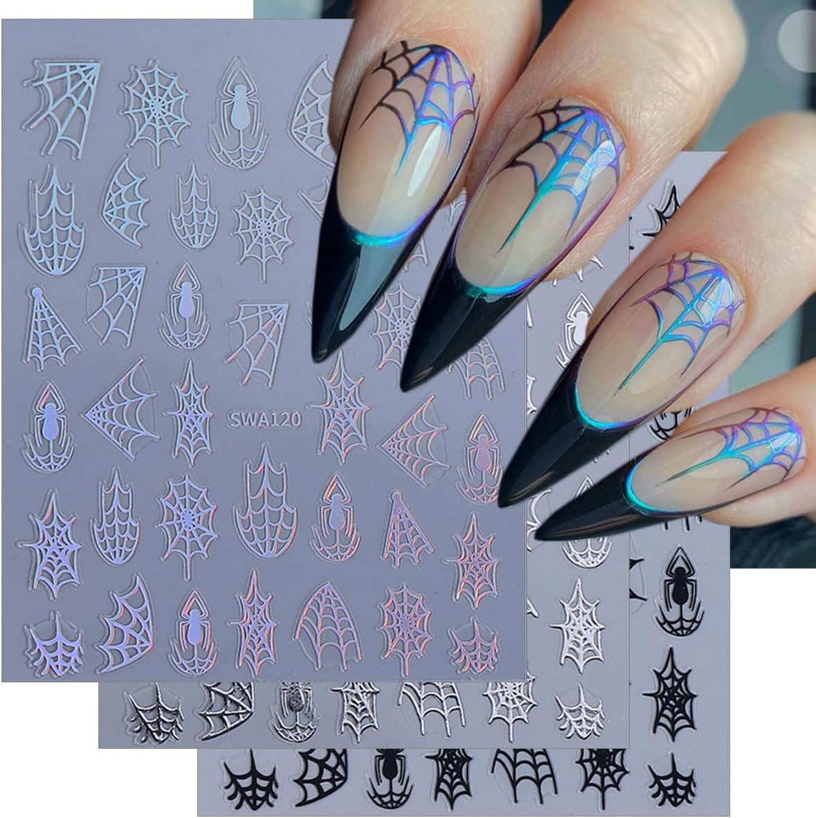 5 Sheets Halloween Nail Art Stickers Decals 3D Self-Adhesive Spider Web Nail Decals Black White Gold Silver Laser Spider Web Nails Stickers Gothic Nails Supplies for Women Halloween Party Nails Decor
