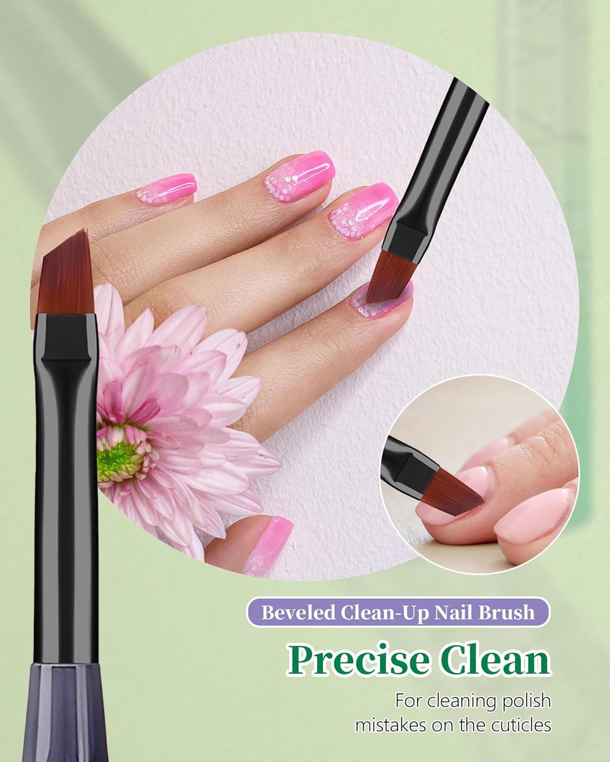 3PCS Nail Polish Clean Up Brush, Round&Falt&Angled Acetone Resistant Nail Brush for OPI Nail Polish Remover, Fingernail Cleaning Brushes at Home Nail Art and Designs(Gilded Green)