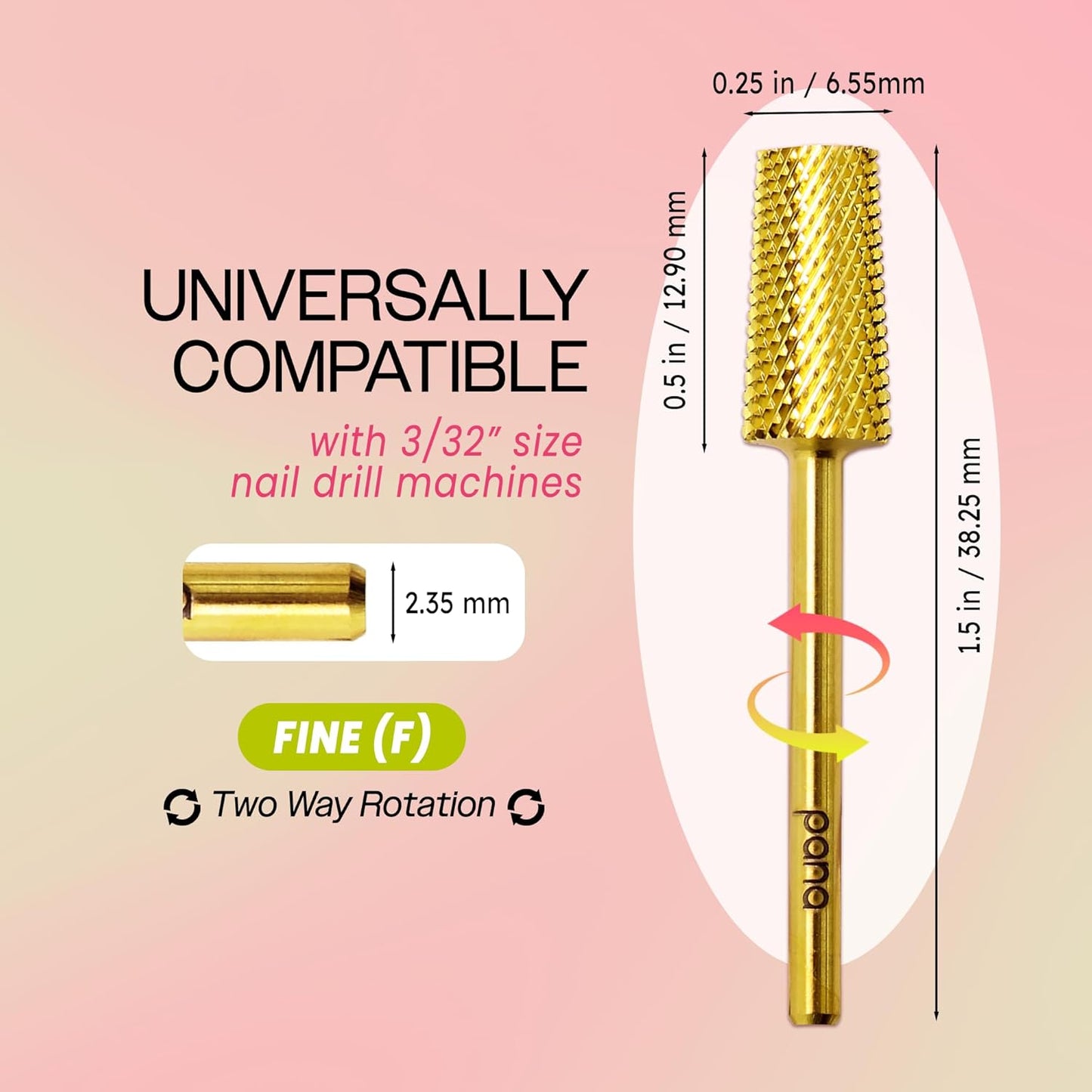 Premium Pana 3/32" Tapered Barrel Carbide Nail Bit -For Electric Dremel Drill Machine, Nail Art Design, Manicure, Pedicure, Nail File, Cuticle Clean etc. (Fine Grit- Gold)