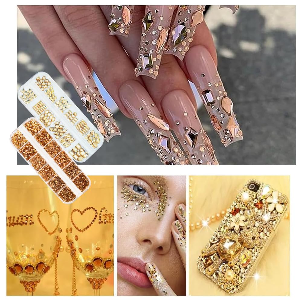 3600Pcs Champagne Gold Nail Rhinestones, MultiShapes Flatback Crystal Gems Stones, 1.5-4mm Half-Round Bedazzling Beads, Glass Diamond Jewels for DIY Nails Bling Decoration