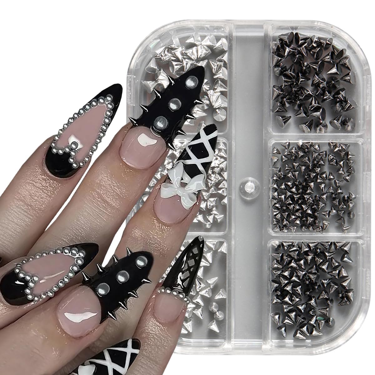 6 Grids Punk Bullet Rivet Nail Charm,3D Alloy Flat Bottomed Pointed Cone Mixed Black Silver Nail Art Rhinestones Studs DIY Crafts Nail Art Charm Spike Nails for Women DIY Nail Decoration Accessories
