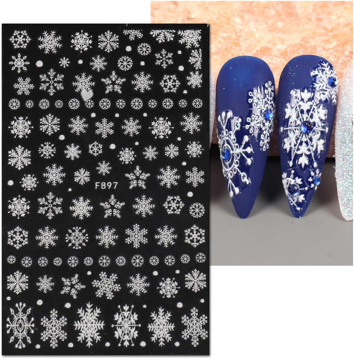 JMEOWIO 8 Sheets Christmas White Glitter Nail Art Stickers Decals Self-Adhesive Snowflake Winter Holiday Nail Supplies Nail Art Design Decoration Accessories