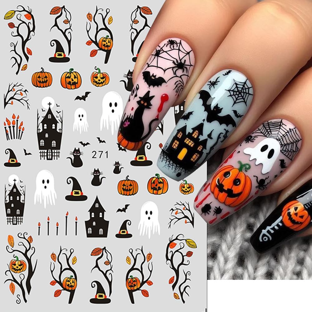 Halloween Nail Stickers Ghost Spider Web Nail Art Stickers Bat Cat Skull Flower Nail Decals Self-Adhesive Spooky Gothic Design Sticker Holiday Nail Art Decoration for Women Manicure Accessories 5Pcs