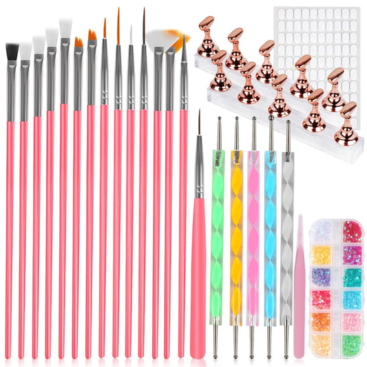 vivinin 25PCS Nail Art Tools Set, Includes Nail Art Brushes, Nail Stand, Dotting Tools, Striping Liner Fingernail Drawing Pens, Jelly Glue, tweezers, Sequins, Professional Nail Art Supplies Kit
