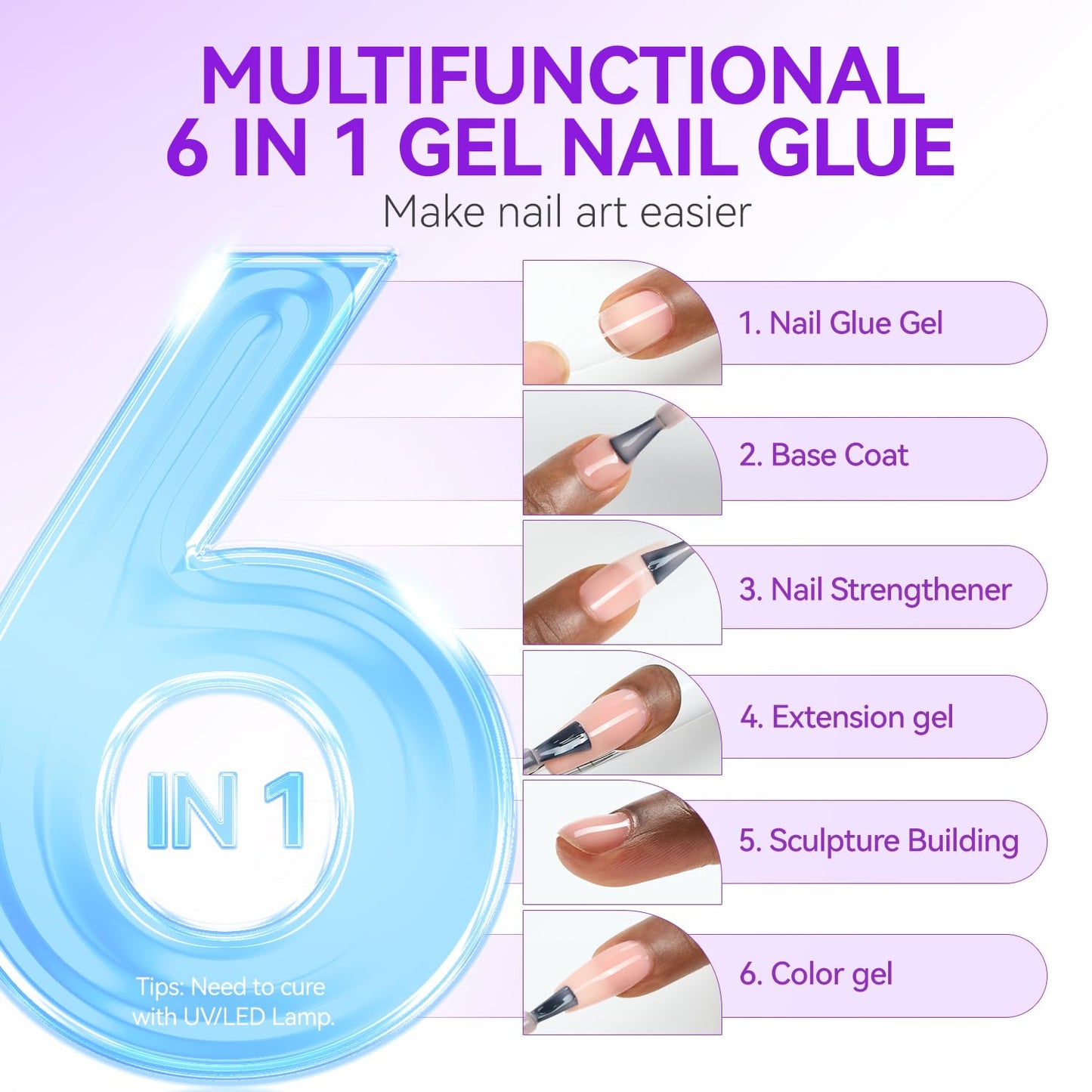 Gelike EC Gel Nail Glue UV Light: Nude 6 in 1 Adhesive Gel Nail Polish, Strong Nail Glue for Press On Nails Nails Acrylic Tips, Long Last - Nail Art Gift for Home Salon Beginner DIY