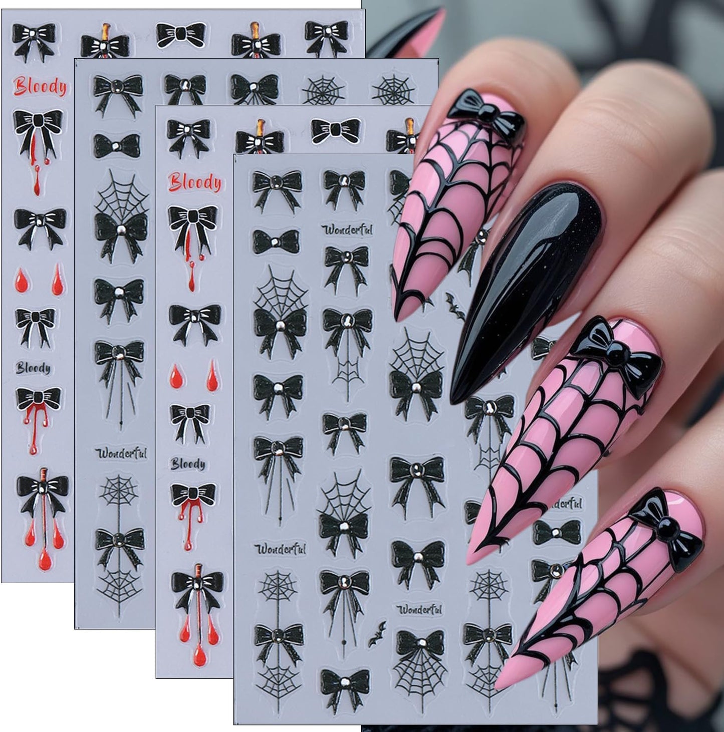 4 Sheets Halloween Nail Art Stickers Black Bow Spider Web Y2K Nail Decals 3D Self-Adhesive Bloody Drop Bowknot Nails Stickers Gothic Halloween Nails Decorations for Women Holiday DIY Manicure Supplies