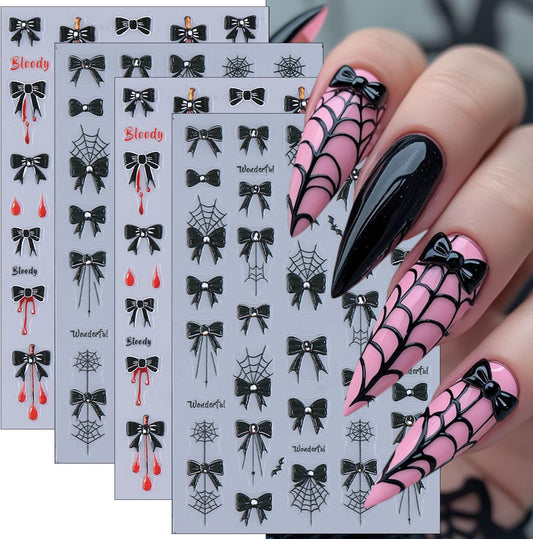 4 Sheets Halloween Nail Art Stickers Black Bow Spider Web Y2K Nail Decals 3D Self-Adhesive Bloody Drop Bowknot Nails Stickers Gothic Halloween Nails Decorations for Women Holiday DIY Manicure Supplies