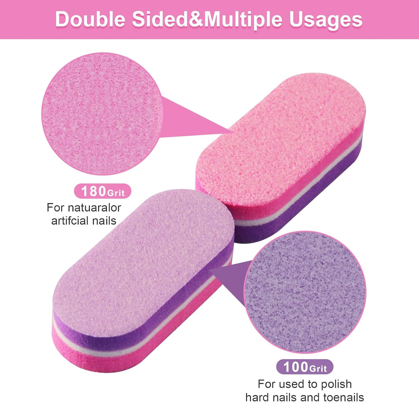 Diesisa Mini Nail Buffers, 40pc 100/180 Grit Sponge Mini Nail Files Bulk for Acrylic Nails, Buffer Block Nail File,Mini Bulk Nail buffers Double Sided for Manicure Tools - Pink/Purple
