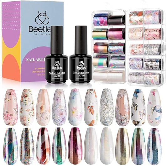 Beetles Nail Foil Glue Gel 2 Bottles 15ML with 20PCS Flower Butterfly and Metal Foil Stickers Set Nail Transfer Glues Manicure Art DIY Nail, LED Lamp Required Soak Off