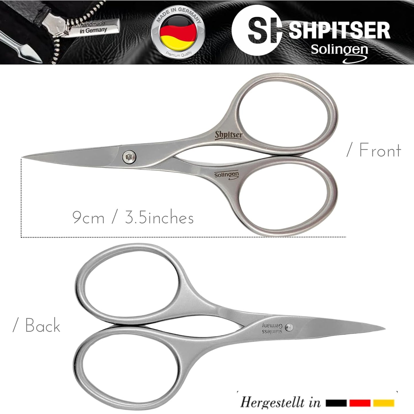 Shpitser Nail Kit, Manicure and Pedicure Women Set of 5 tools: Scissors, Clipper, Tweezers, Nail Cleaner, Nail File, Made in Solingen, Germany, Sturdy Stainless Steel, In Italian Leather Case