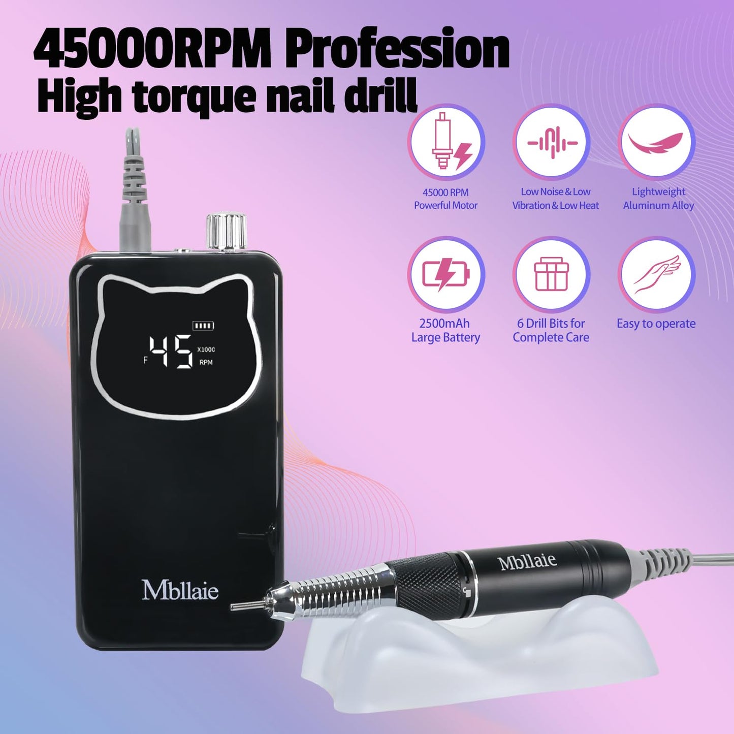 Professional Nail Drill File 45000RPM Electric Portable Nails Drills Kit with Rechargeable 7 uñas Bits Cordless Efile for Poly Gel Acrylic Nails Remover Home Salon Pedicure Manicure Tool (Black)