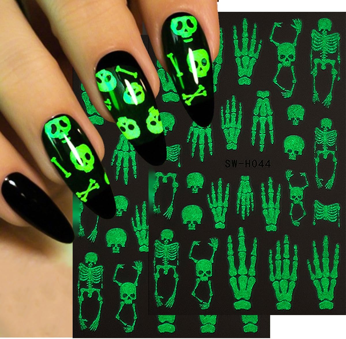 Halloween Nail Art Stickers Decals Horror Skull Spider Web Nail Decals Glow in The Dark Halloween 3D Self-Adhesive Nail Stickers for Nail Art DIY Manicure Tip Holidays Nails Decoration 4 Sheets