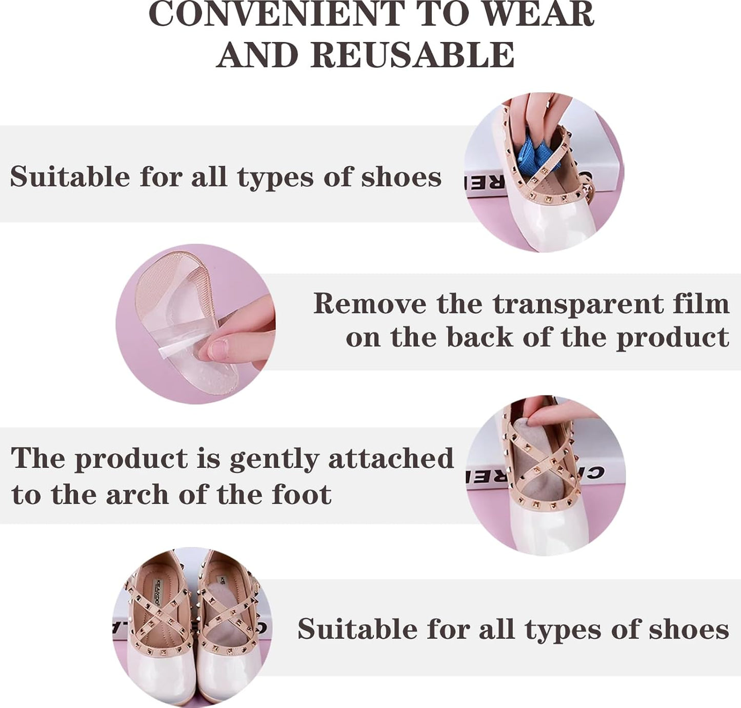 Correct-Position Gel Arch Support Insoles: Plantar Fasciitis & Flat Feet Relief, Adhesive Foot Pads for Pressure-Free Comfort- 6 Pairs (Clear*2+Beige*2+Black*2)