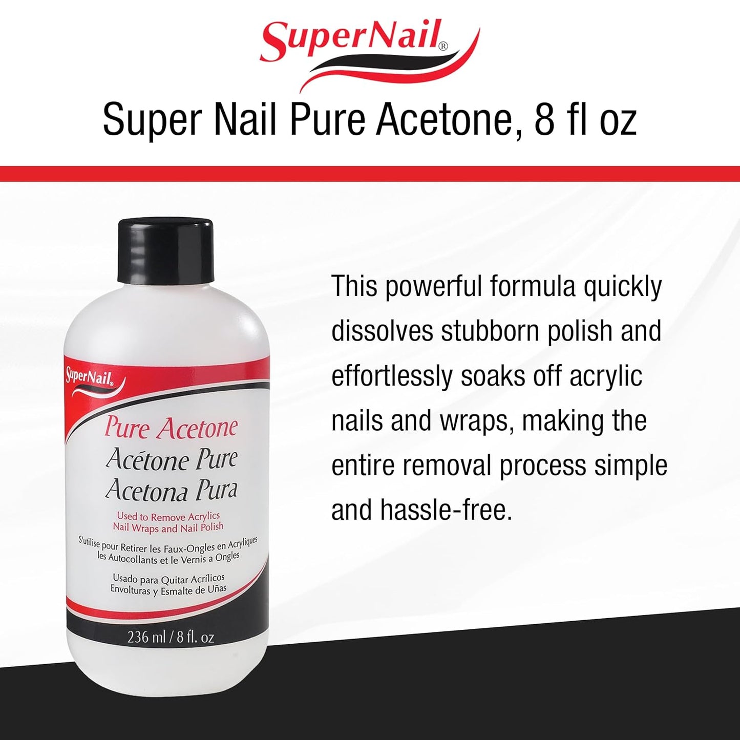 Supernail Pure Acetone Nail Polish Remover - Professional Strength for Acrylic, Gel & Dip Powder, Fast & Quick Gel Nail Polish Remover, 8 fl oz