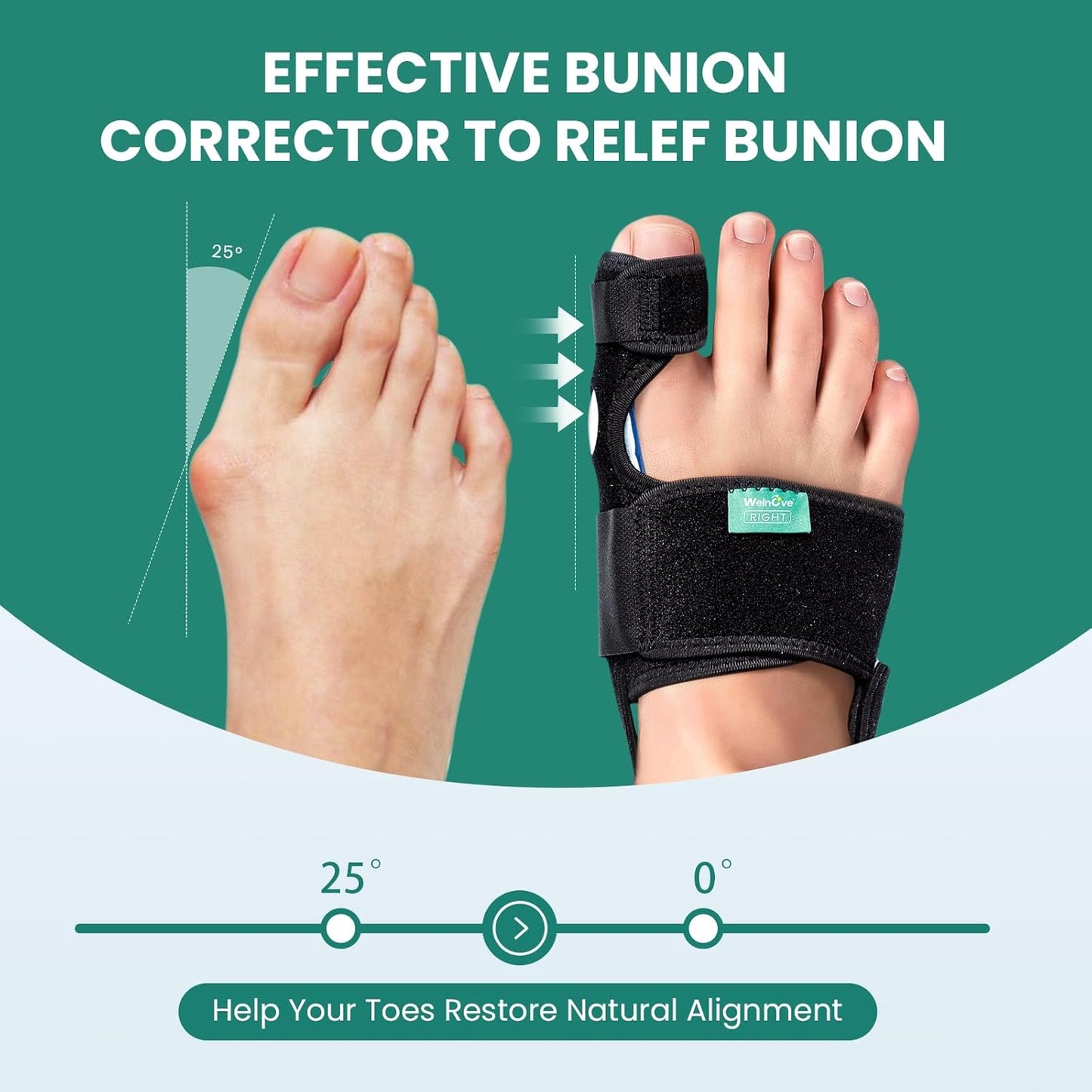 Welnove Bunion Corrector - Orthopedic Bunion Splint - Big Toe Separator Pain Relief for Women & Men - Bunion Correction Toe Straightener with Non-slip Strap, Day Night Support (Black, 2 Count)