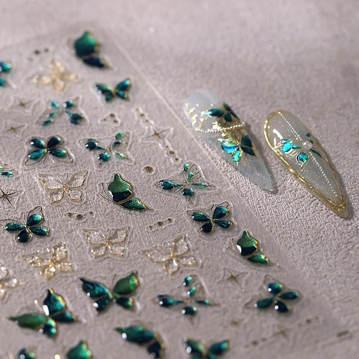 1 Sheets Green Embossed Butterfly Nail Decals for Nail Art Shiny Gold Butterfly Nail Stickers 5D Self-Adhesive Star Nail Decoration Spring Summer Nail Art Stickers for Women Girls Nail Design