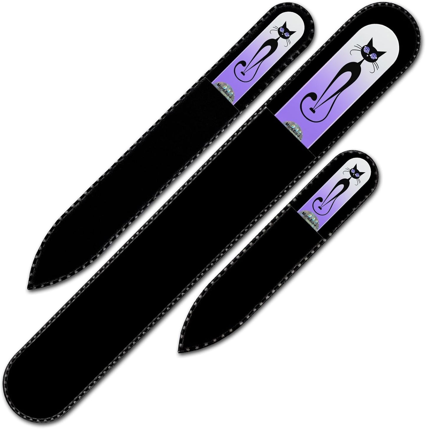 Mont Bleu Set of 3 Cats Crystal Nail Files hand decorated with crystals from Swarovski - Handmade - Czech Tempered Glass - Lifetime Guaranty - Glass Fingernail File - Best Crystal Glass Nail File