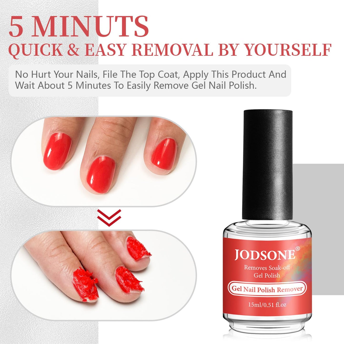 JODSONE 15ml Gel Nail Remover No Need Soaking or Wrapping for Quick And Easy Removal At Home with Cuticle Pusher and Nail File