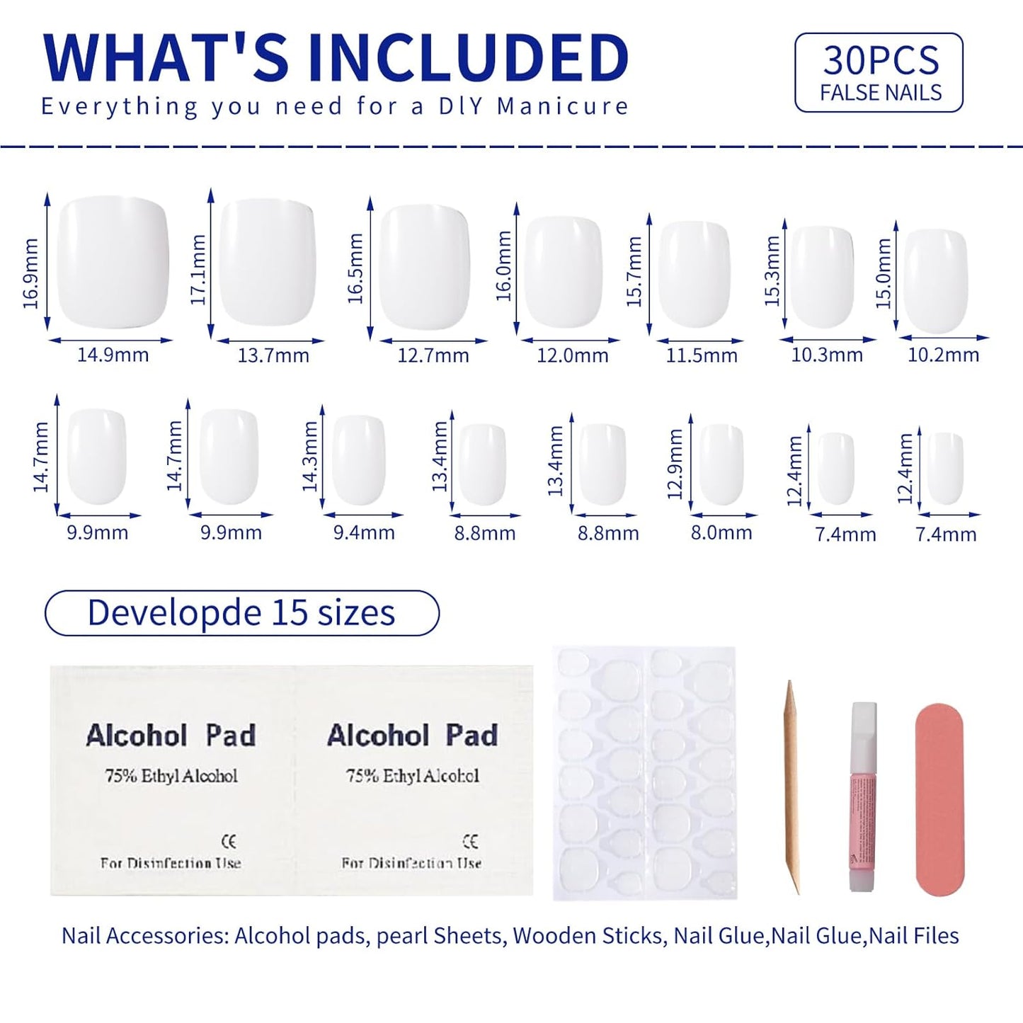 Milky White Press On Nails Short, Glossy Soft Gel Press On Nails Square with Nail Glue, 15 Sizes - 30 Fake Nails Kit, Thick Natural Reusable Glue On Nails for Women, White Mirage