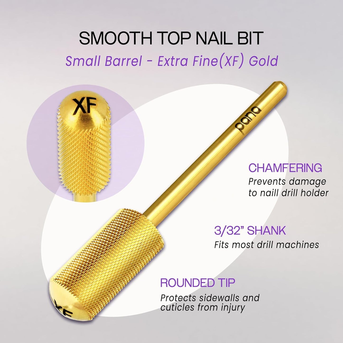 PANA 3/32" Small Smooth Round Top Safety Carbide Nail Drill Bit for Gel Polish & Acrylic Removal Nail Salon Manicure Pedicure Electric File Tools (Small Barrel - Gold, Extra Fine)
