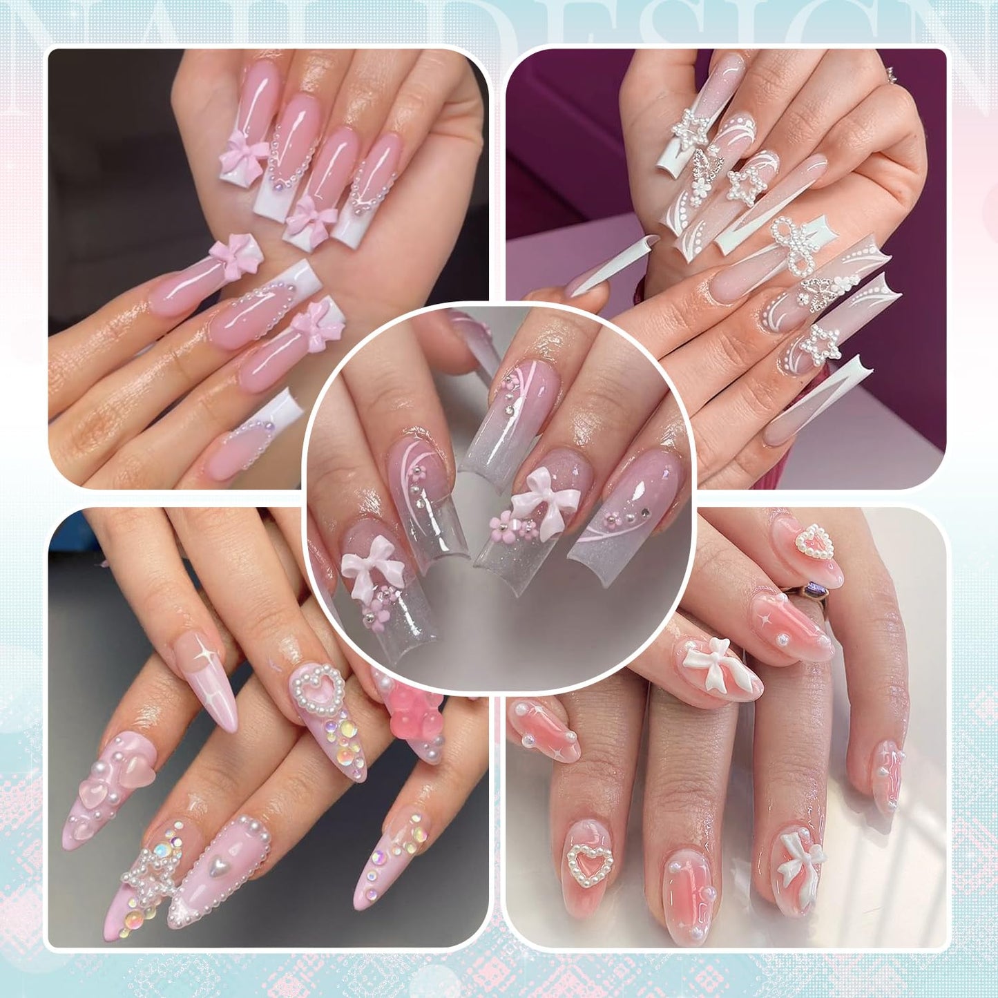 3D Nail Charms for Coquette Nails Design Set 3, White Nail Bows + Assorted Pearl Heart Star Moon Bowknot Cute Nail Jewels + 3D Flower Charms and Nail Pearls, with Picker Tools for Nail Decor