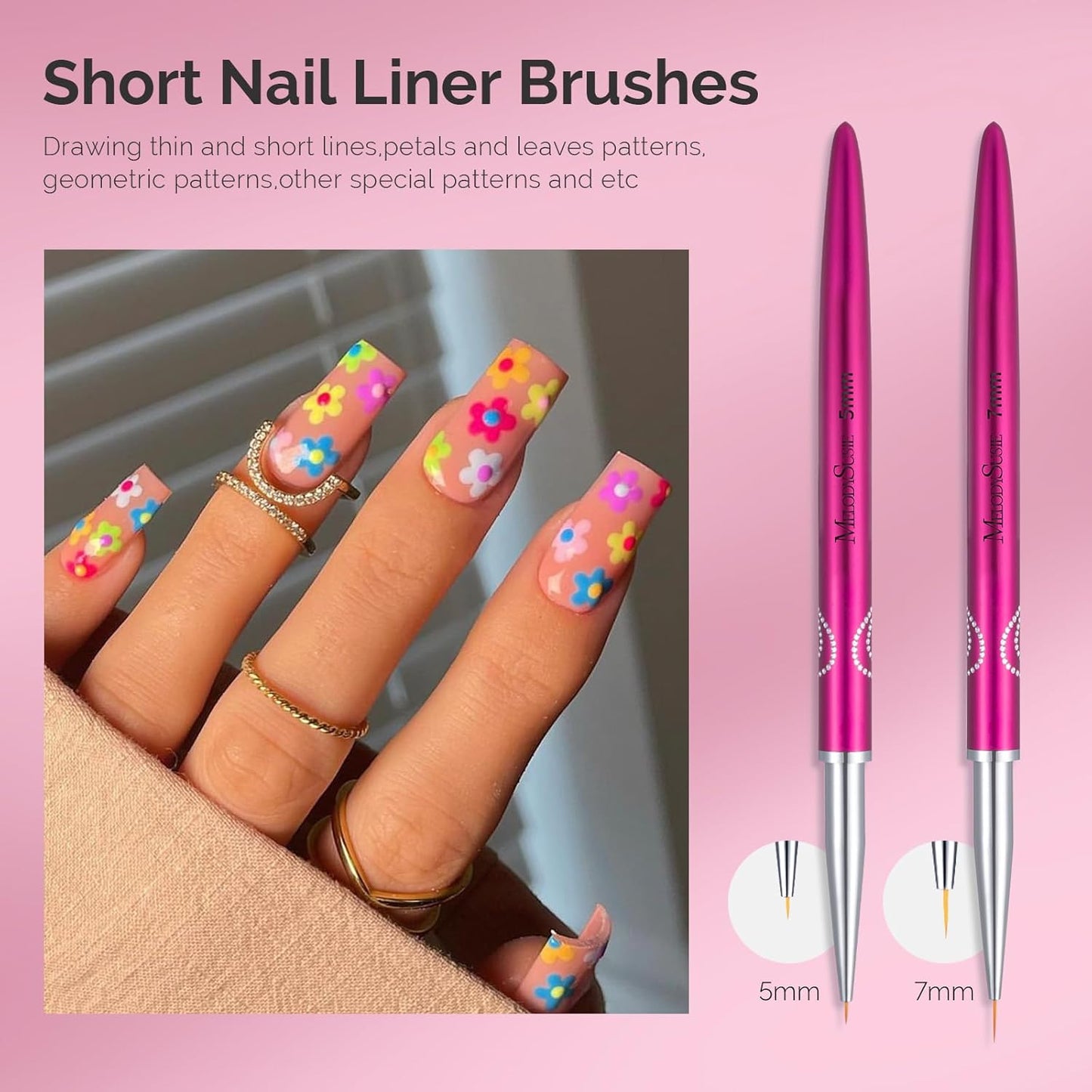 MelodySusie Nail Art Liner Brushes 5Pcs Professional Gel Polish Painting Art Design Pen Set for Thin Long Lines, Tiny Details, Fine Drawing, Delicate Coloring,Sizes 5/7/9/11/20mm