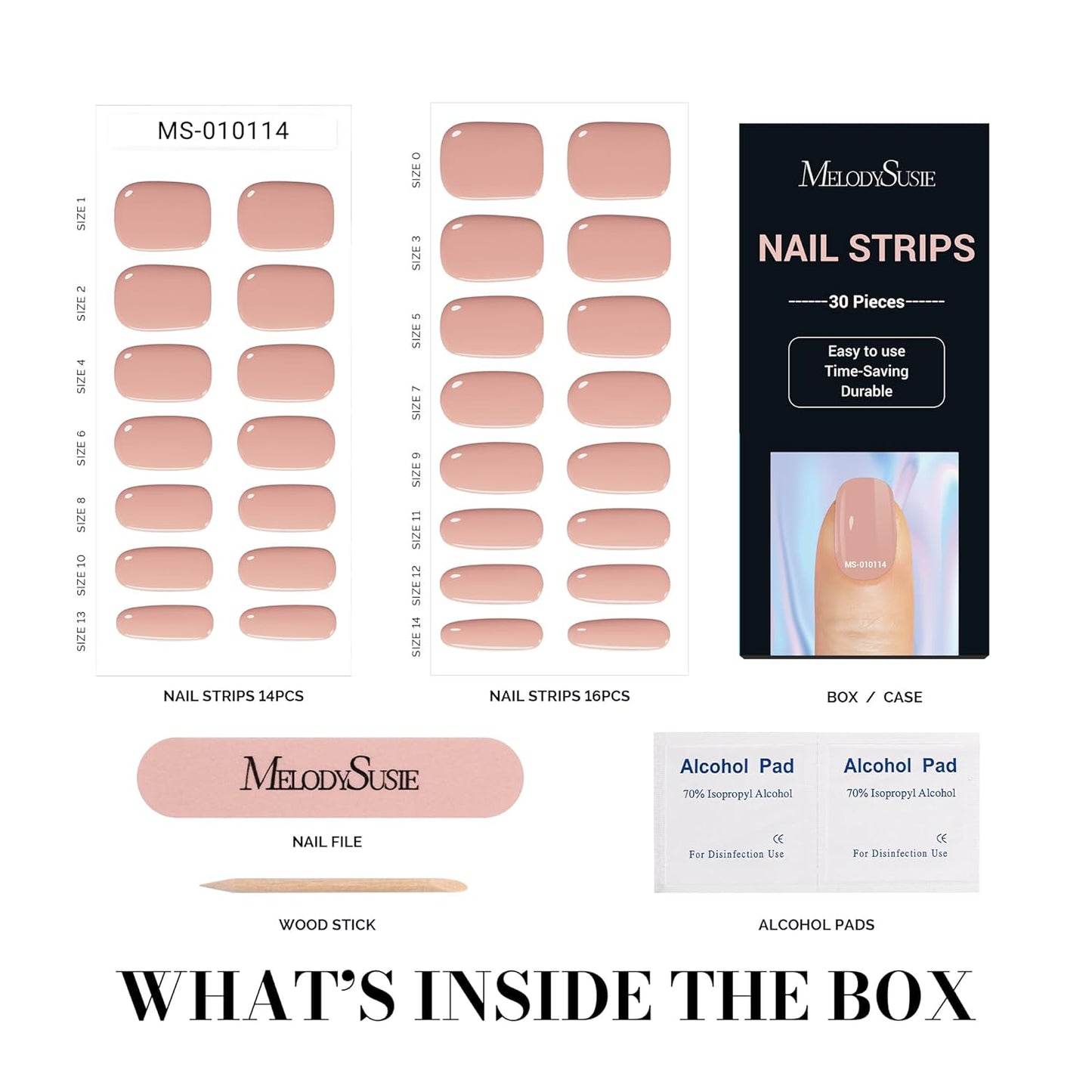 MelodySusie 30PCS Semi Cured Gel Nail Strips, Nude Jelly, Salon Quality, Long Lasting, Easy to Apply, Includes 2 Prep Pads, Nail File and Wooden Stick