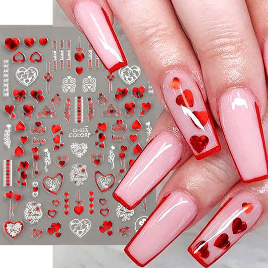 Valentines Day Nail Art Stickers Decal Red Heart Nail Sticker Valentines Nail Decorations 3D Self-Adhesive Red White Rose Love Heart Lip Nail Design for Acylic Nail Manicure Decor 6sheets