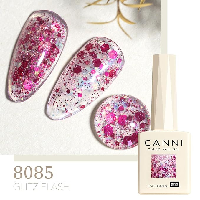 CANNI 8 Pcs 9 ML Glitter Sequins Gel Nail Polish Set, Shimmer Sparkly Shiny Pink Yellow Purple Blue Colors Polish Kit Soak Off Led Nail Art Gel Manicure Salon DIY Gifts