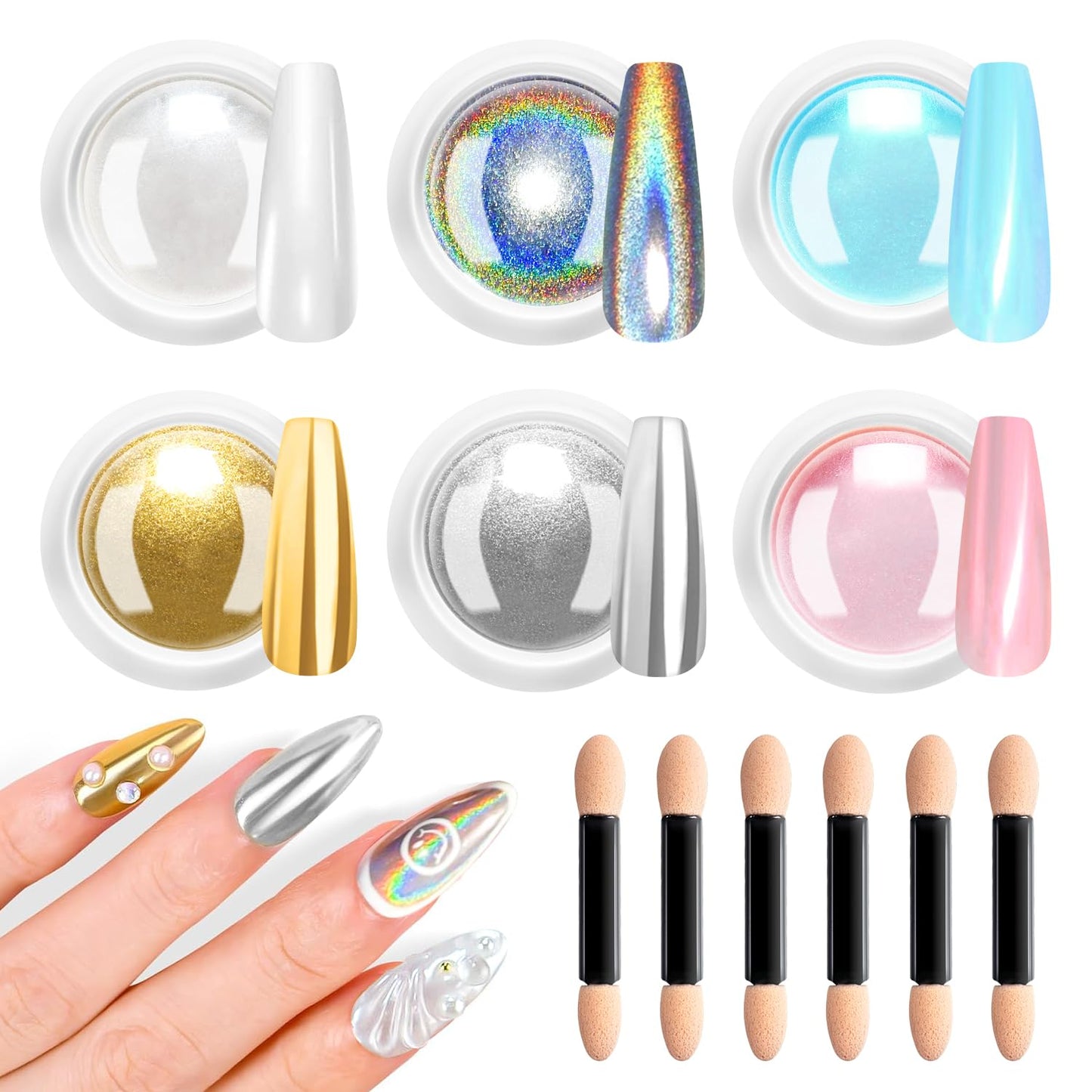 Unicorn Chrome Nail Powder 6 PCS - Mermaid Chrome Iridescent Nail Powder with Laser Mirror Effect, Holographic Chrome Powder for 3D Gel Polish DIY Salon Moonlight Pink Blue Silver Pigments