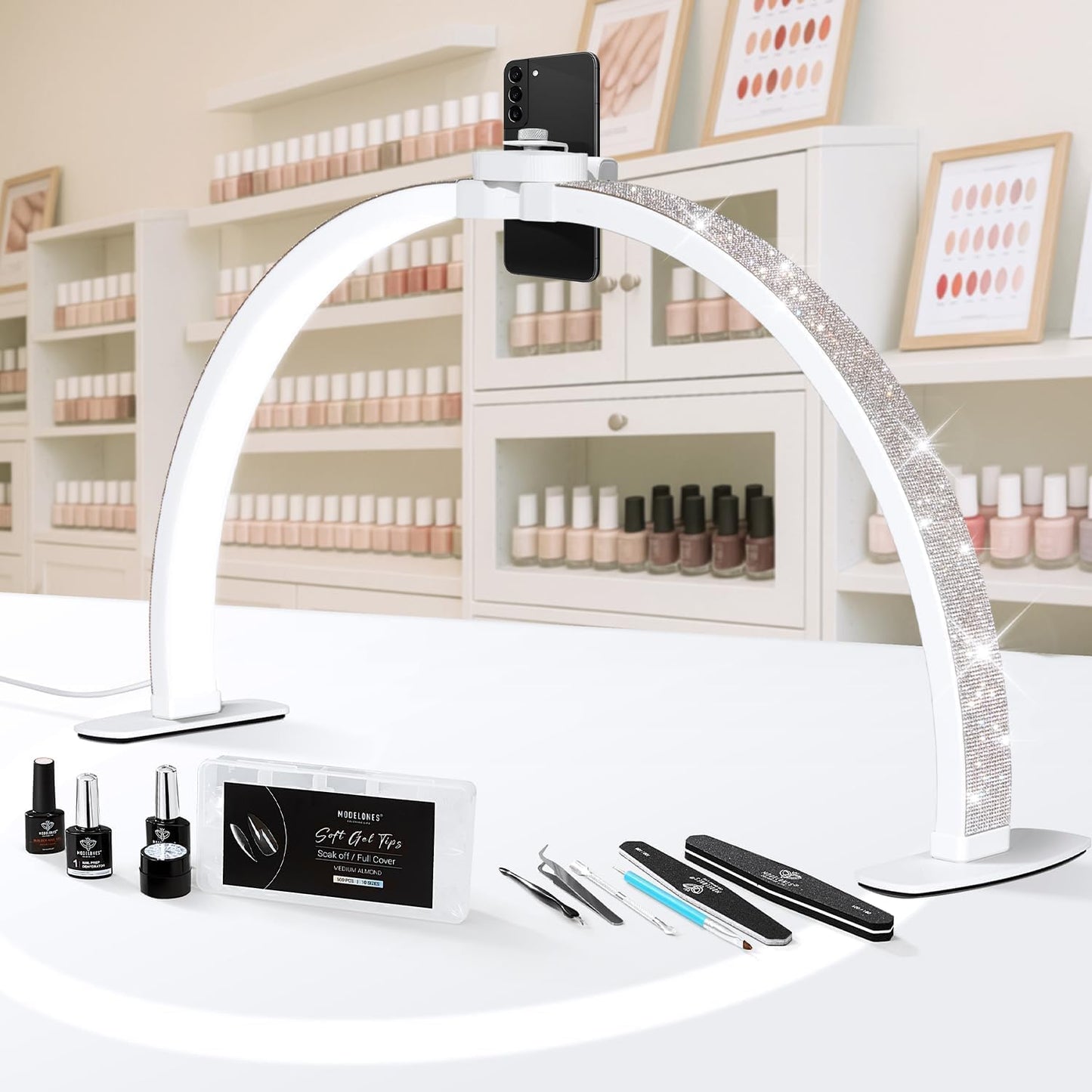 Modelones 29IN Half Moon Light for Nail Desk, 364 LEDs 3 Color Modes Rhinestones Nail Light for Desk with Phone Holder, Foldable Premium LED Lamp for Professional Manicure, Eyelash Extension, Skincare