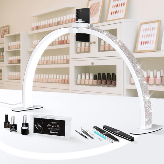 Modelones 29IN Half Moon Light for Nail Desk, 364 LEDs 3 Color Modes Rhinestones Nail Light for Desk with Phone Holder, Foldable Premium LED Lamp for Professional Manicure, Eyelash Extension, Skincare
